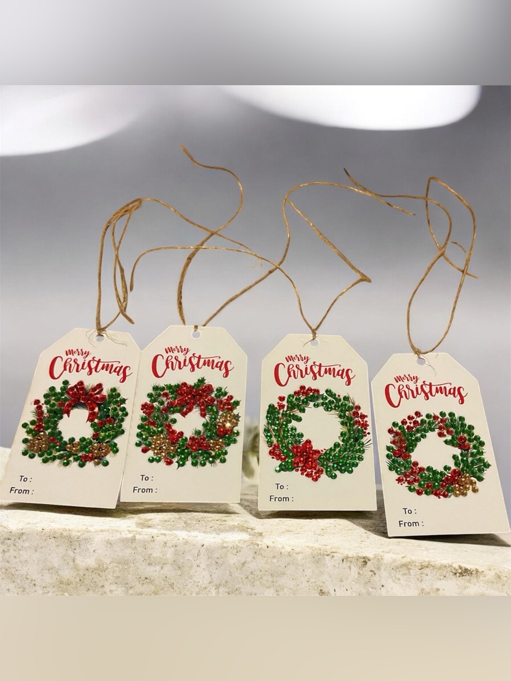 Handmade Diamond Art Christmas Wreath Gift Tags Set of 4 | Holiday Decor Sealed - Picture 2 of 2